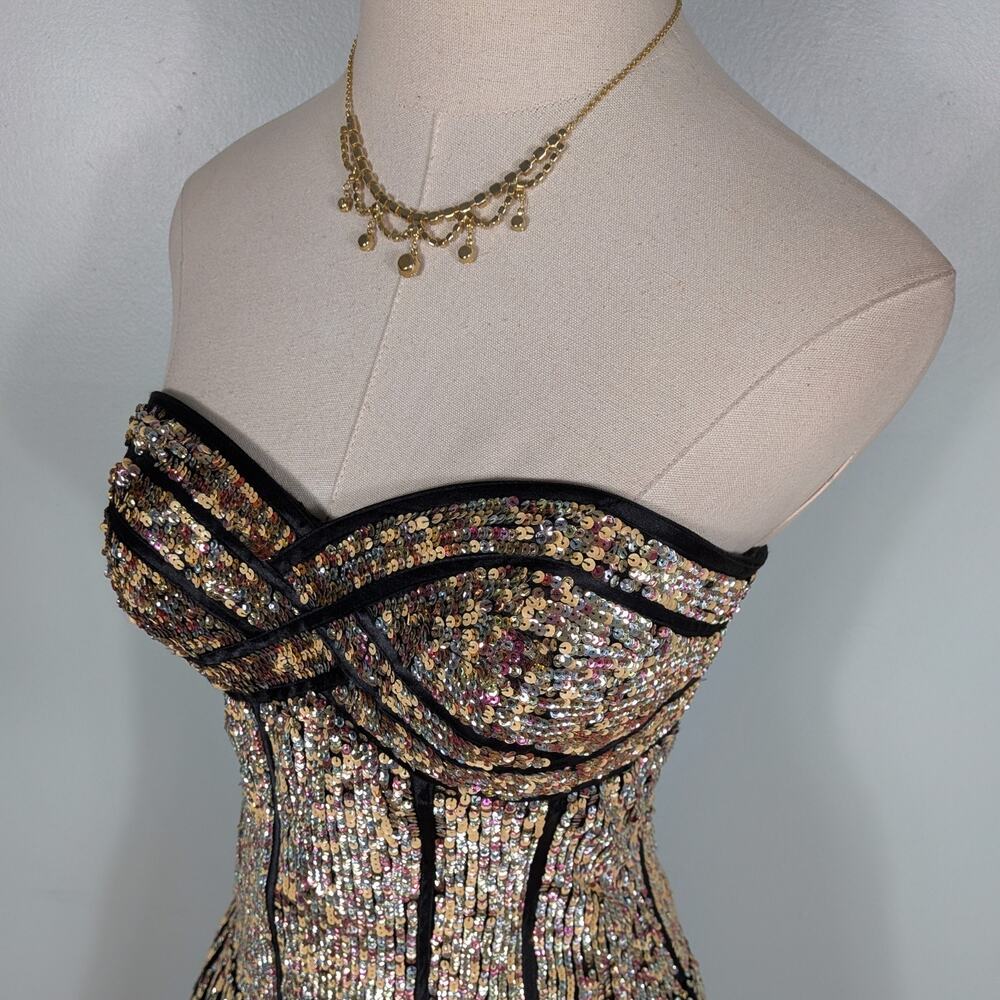 Terani Prom Dress Maxi Gown 6 Black Gold Glam Sequin Ball Princess Y2K Pageant - Picture 7 of 13